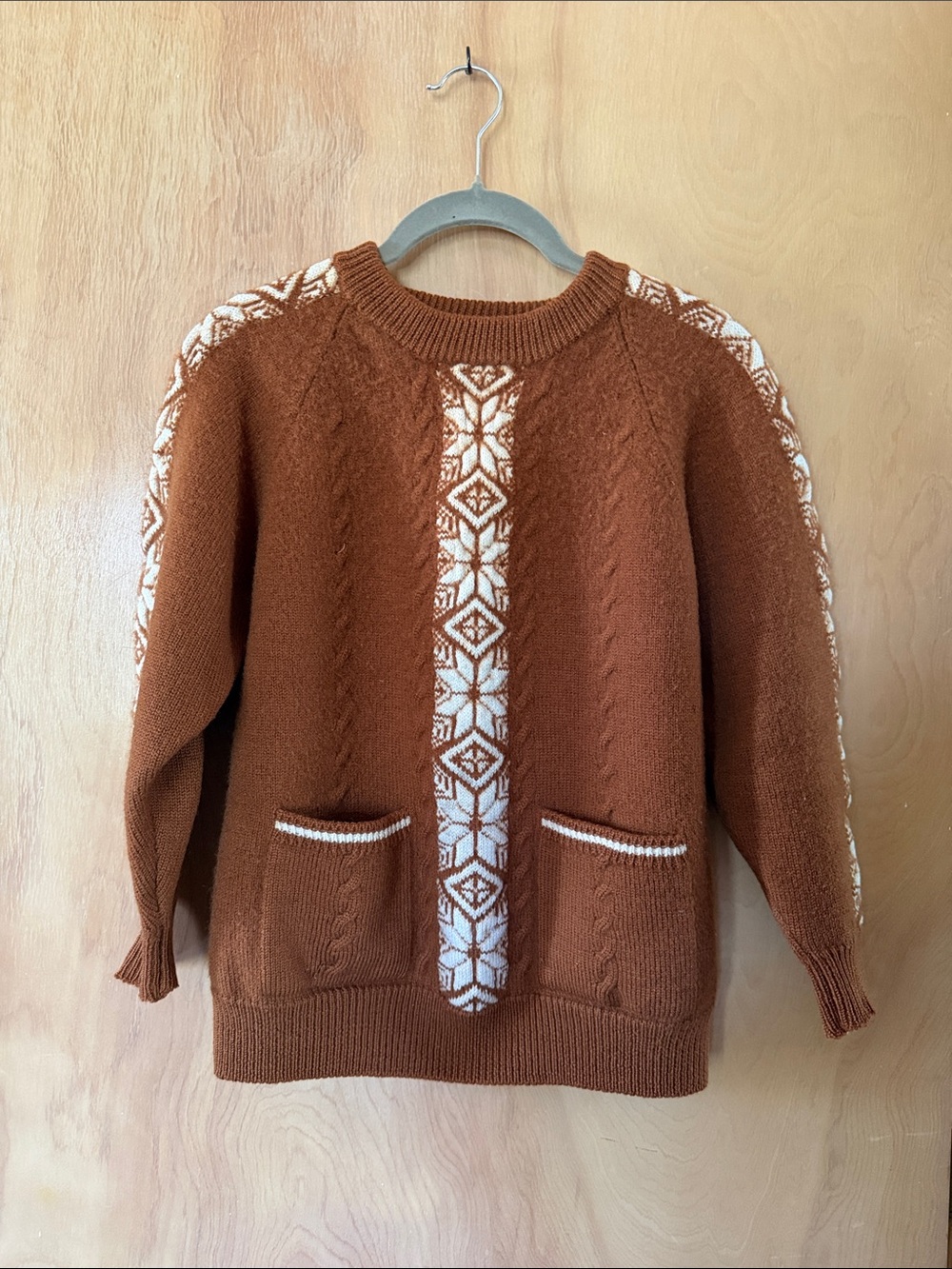 Vintage Rust Brown Crewneck Sweater with Ivory Fair Isle Panel